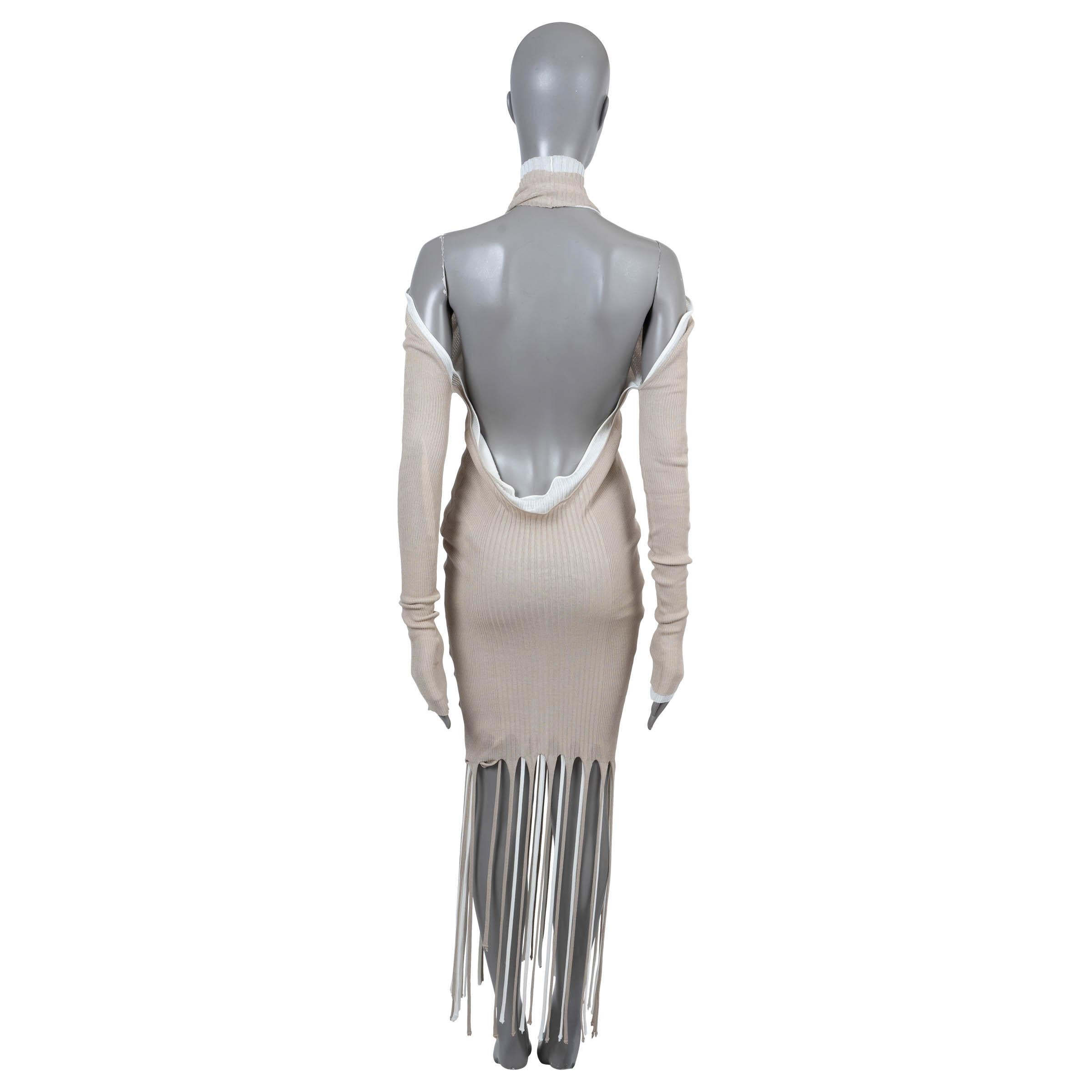 BOTTEGA VENETA beige & white cotton 2020 LAYERED FRINGE RIB-KNIT Dress S For Sale 1