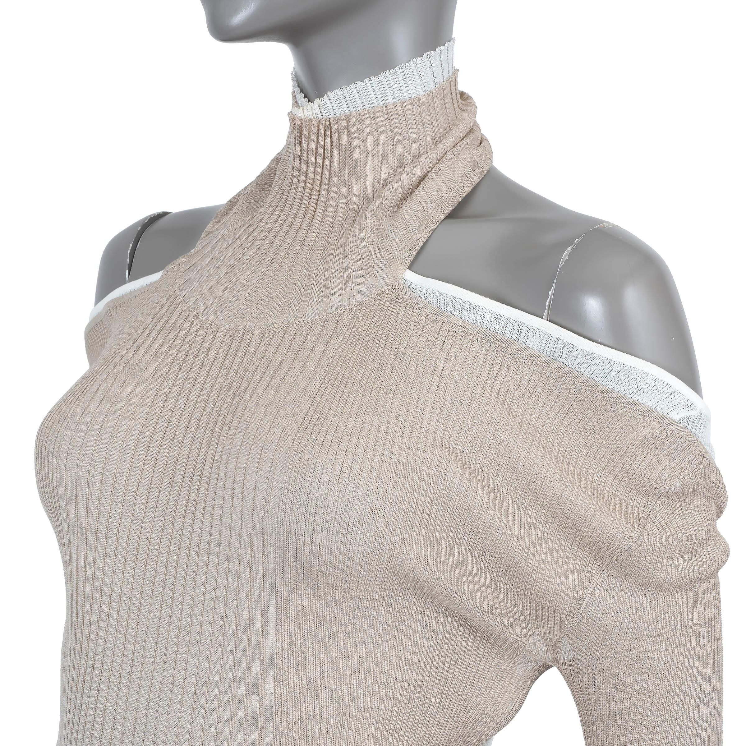 BOTTEGA VENETA beige & white cotton 2020 LAYERED FRINGE RIB-KNIT Dress S For Sale 2