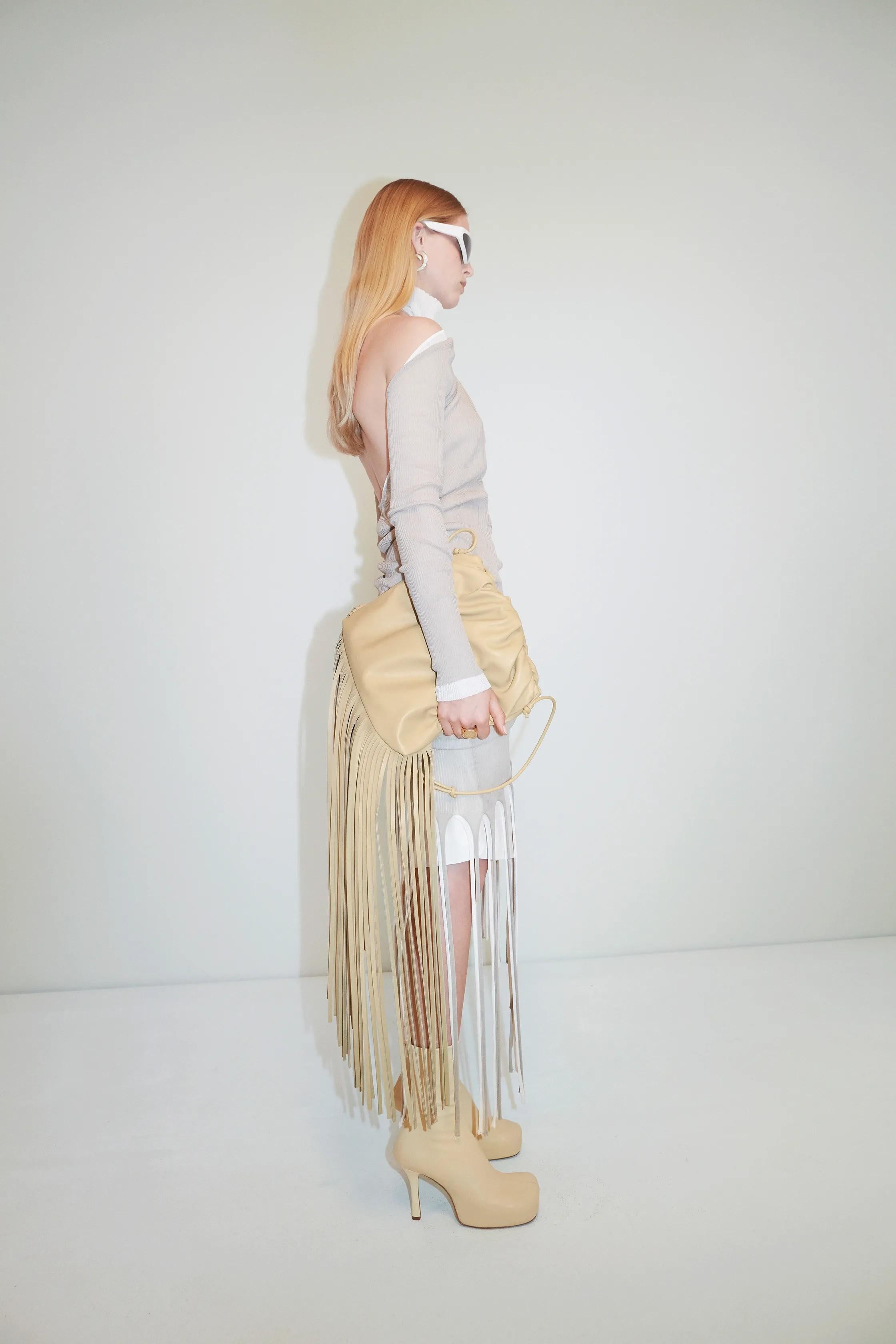 BOTTEGA VENETA beige & white cotton 2020 LAYERED FRINGE RIB-KNIT Dress S For Sale 4