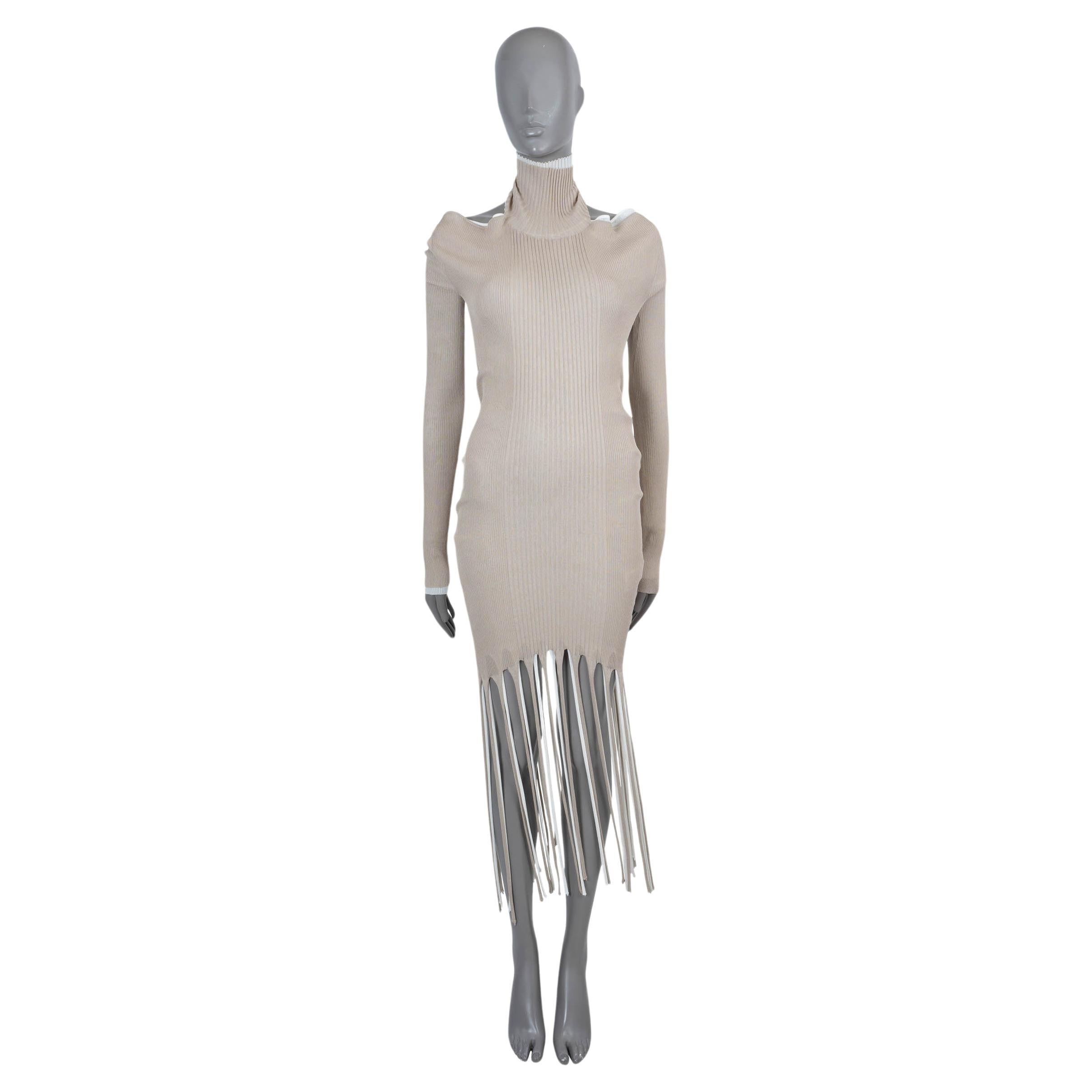 BOTTEGA VENETA beige & white cotton 2020 LAYERED FRINGE RIB-KNIT Dress S For Sale
