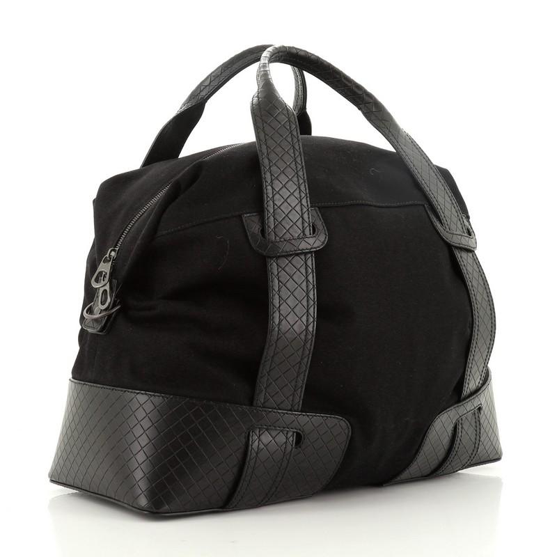 Black Bottega Veneta Belted Duffle Bag Canvas with Intrecciato Nappa Detail Medium