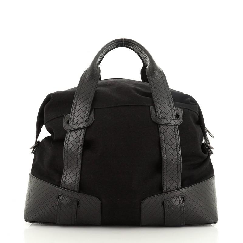 Bottega Veneta Belted Duffle Bag Canvas with Intrecciato Nappa Detail Medium In Good Condition In NY, NY