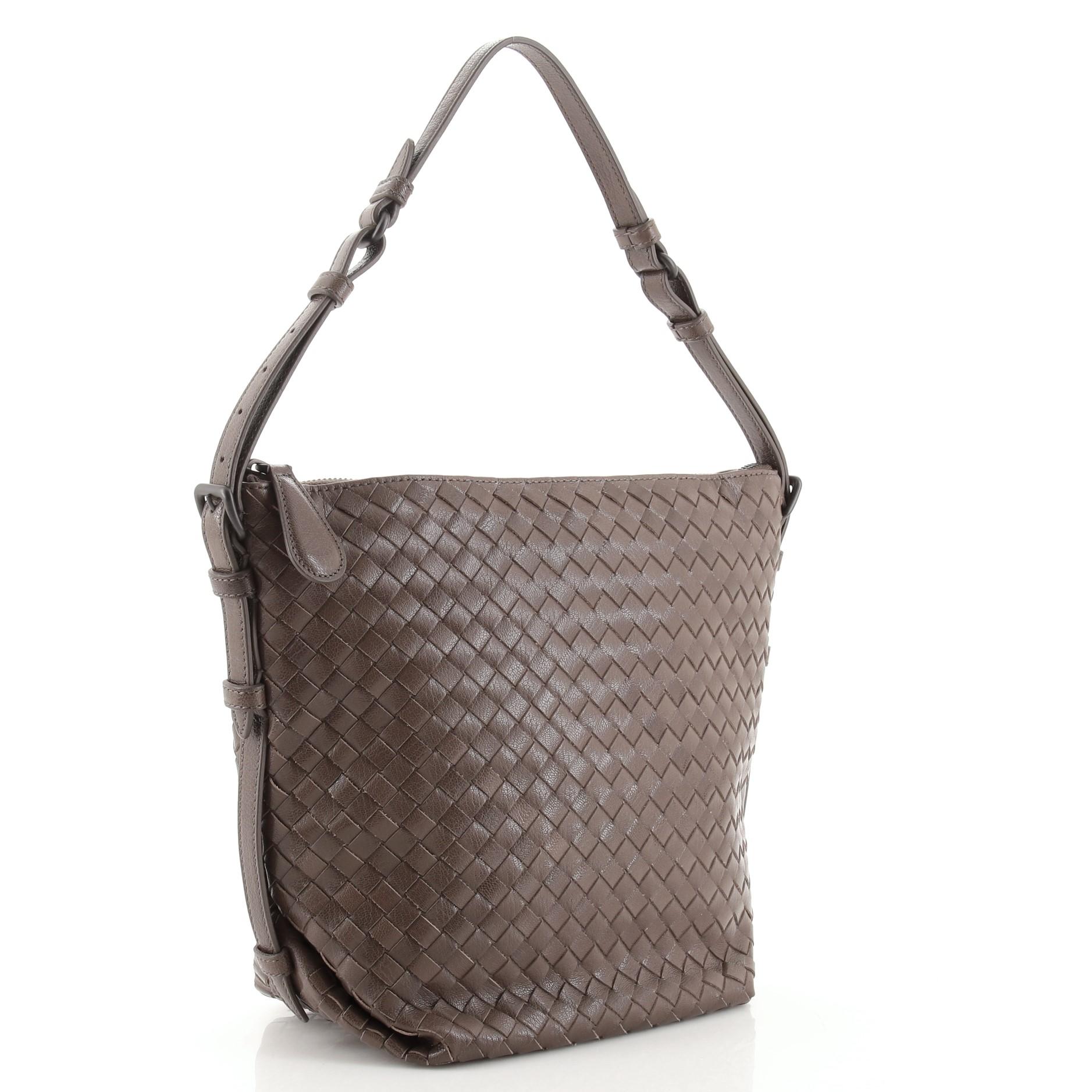 Gray Bottega Veneta Belted Zip Bucket Bag Intrecciato Nappa Small