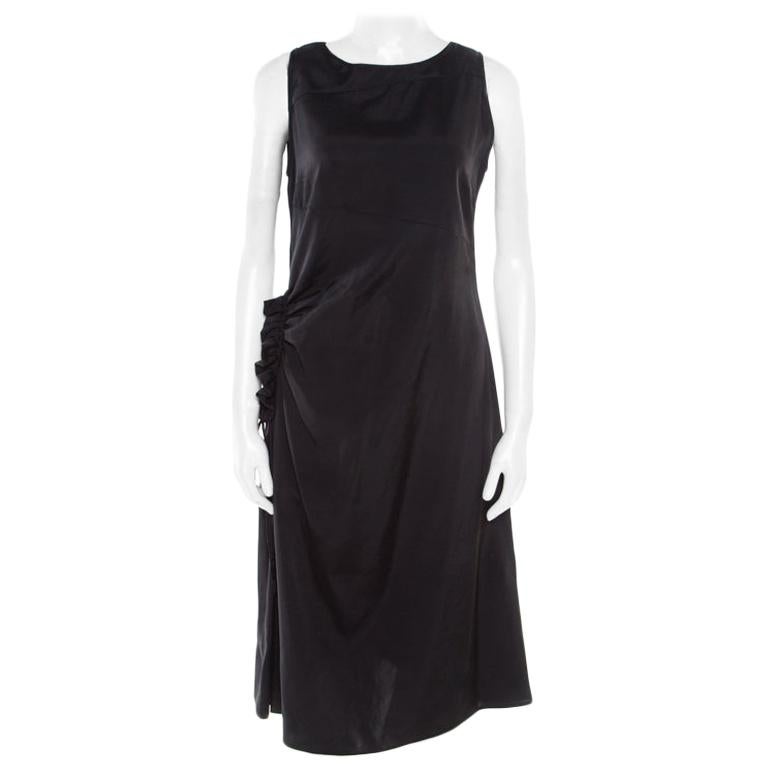 Bottega Veneta Black Asymmetric Ruffle Draped Sleeveless Shift Dress S For Sale