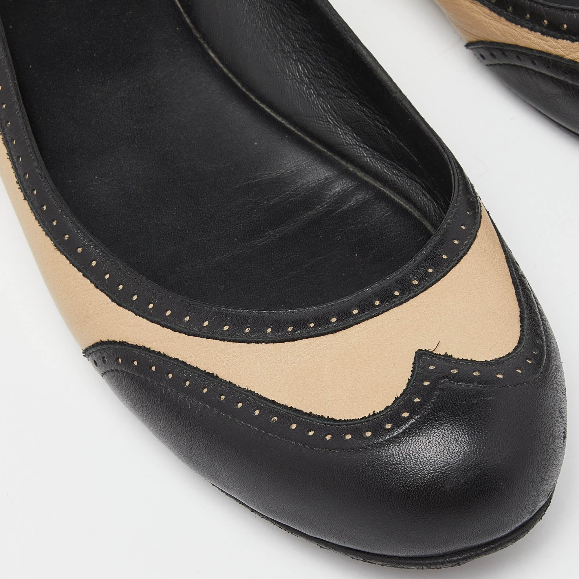 Bottega Veneta Black/Beige Brogue Leather Ballet Flats Size 39.5 3