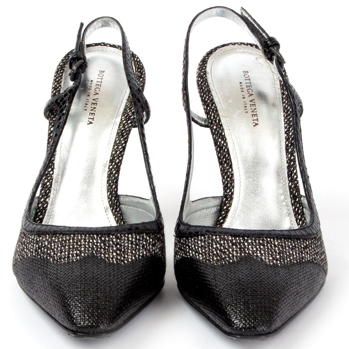 100% authentic Bottega Veneta slingback pumps in black, grey and off-white canvas with a black coated tip featuring a black python heel. Have been worn and are in excellent condition. 

Imprinted Size	36.5
Shoe Size	36.5
Inside Sole	24.5cm