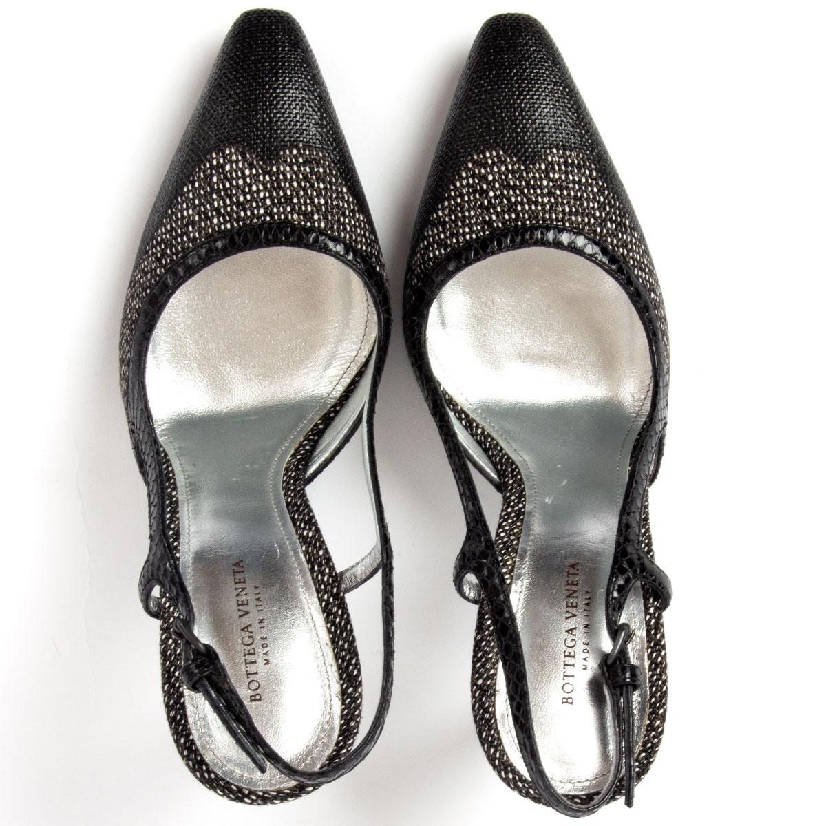 Women's BOTTEGA VENETA black beige canvas Slingbacks Pumps Shoes 36.5 For Sale