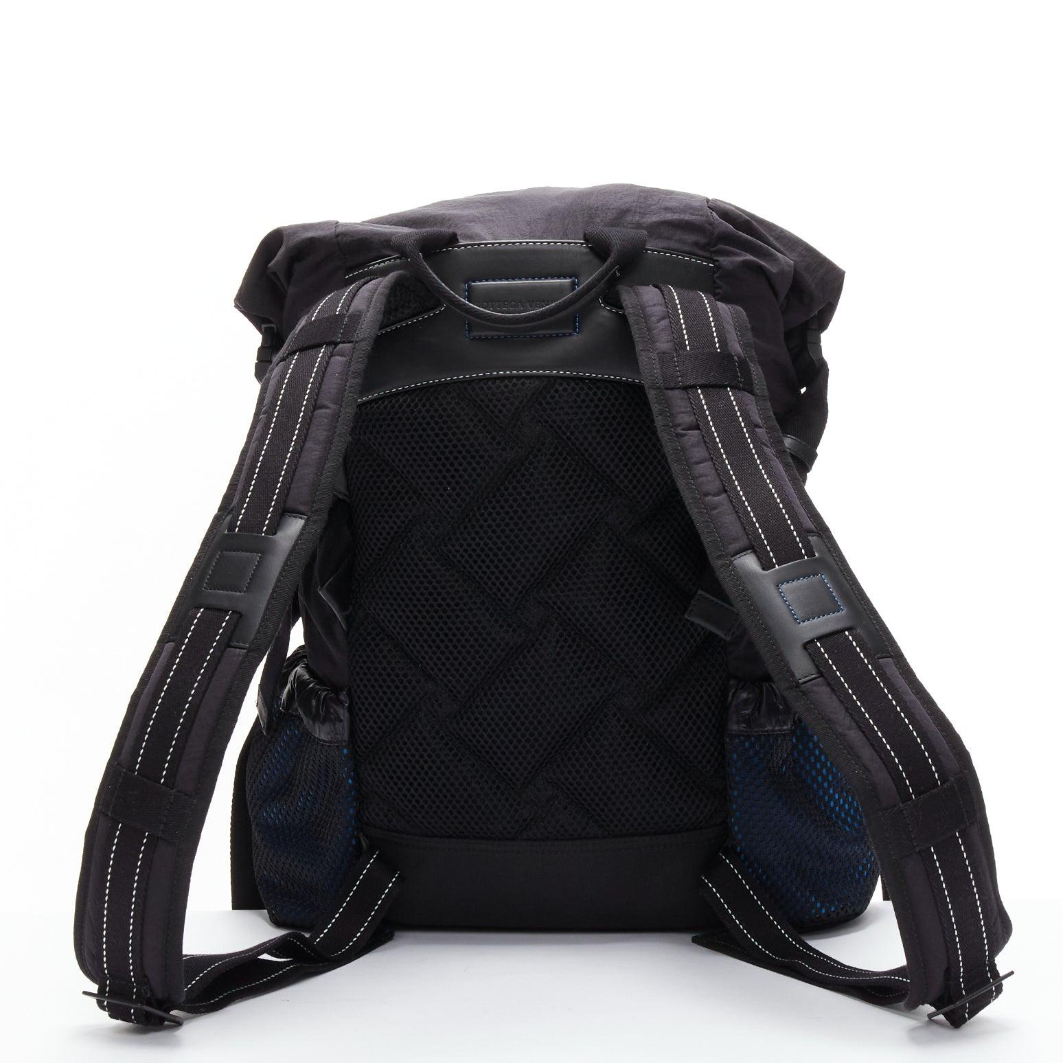 BOTTEGA VENETA black blue technical nylon small fold top backpack bag In Good Condition In Hong Kong, NT