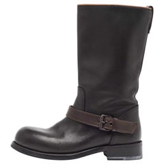 Bottega Veneta Black/Brown Leather Buckle Detail Mid Calf Boots Size 36.5