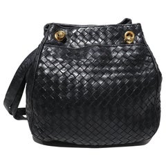 Bottega Veneta Black Classic Woven Bucket Shoulder Bag W/ Gold Accents