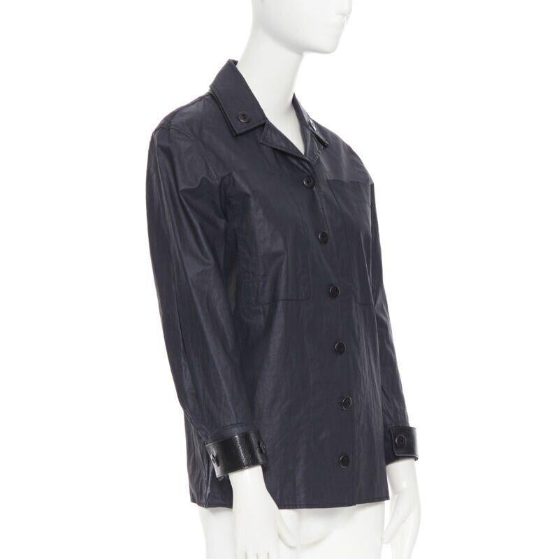 Black BOTTEGA VENETA black coated linen patent strapped cuff casual worker jacket IT36 For Sale