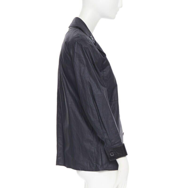 BOTTEGA VENETA black coated linen patent strapped cuff casual worker jacket IT36 In Good Condition For Sale In Hong Kong, NT