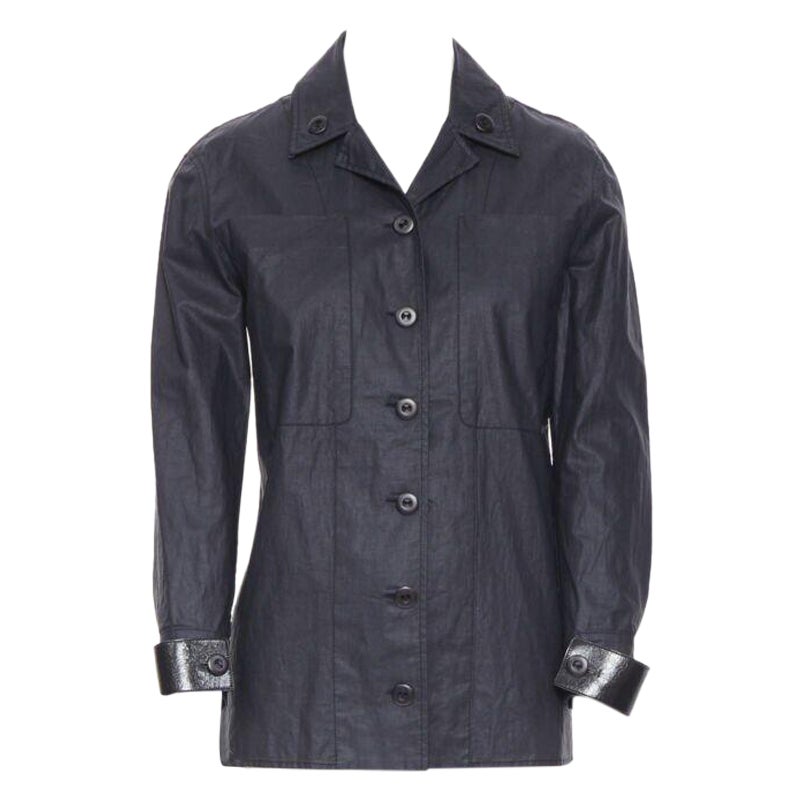 BOTTEGA VENETA black coated linen patent strapped cuff casual worker jacket IT36