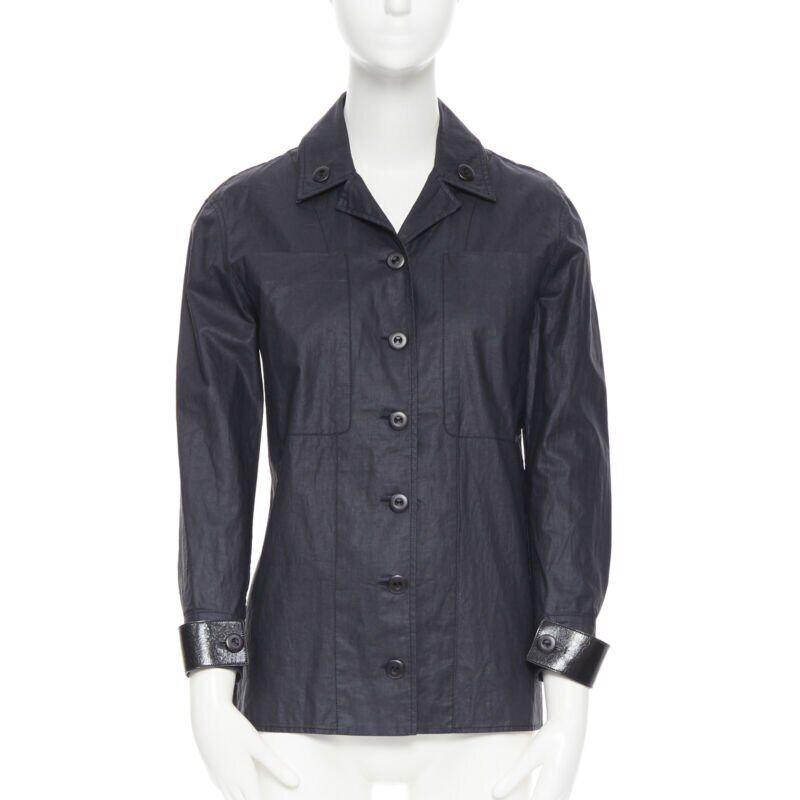 BOTTEGA VENETA black coated linen patent strapped cuff casual worker jacket IT36 For Sale
