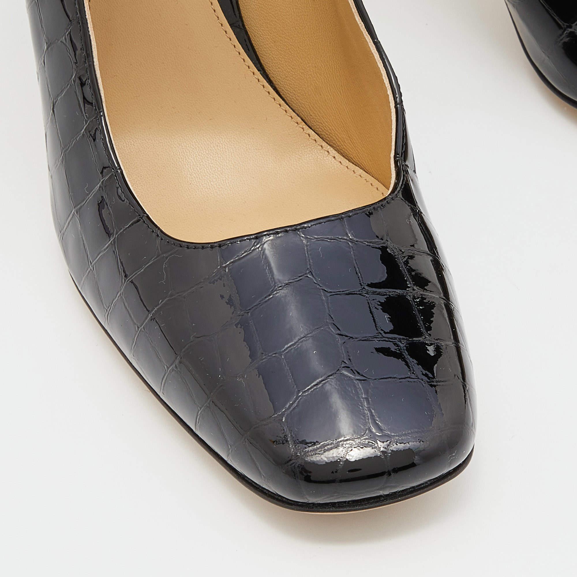 Women's Bottega Veneta Black Croc Embossed Patent Leather Block Heel Pumps Size 39