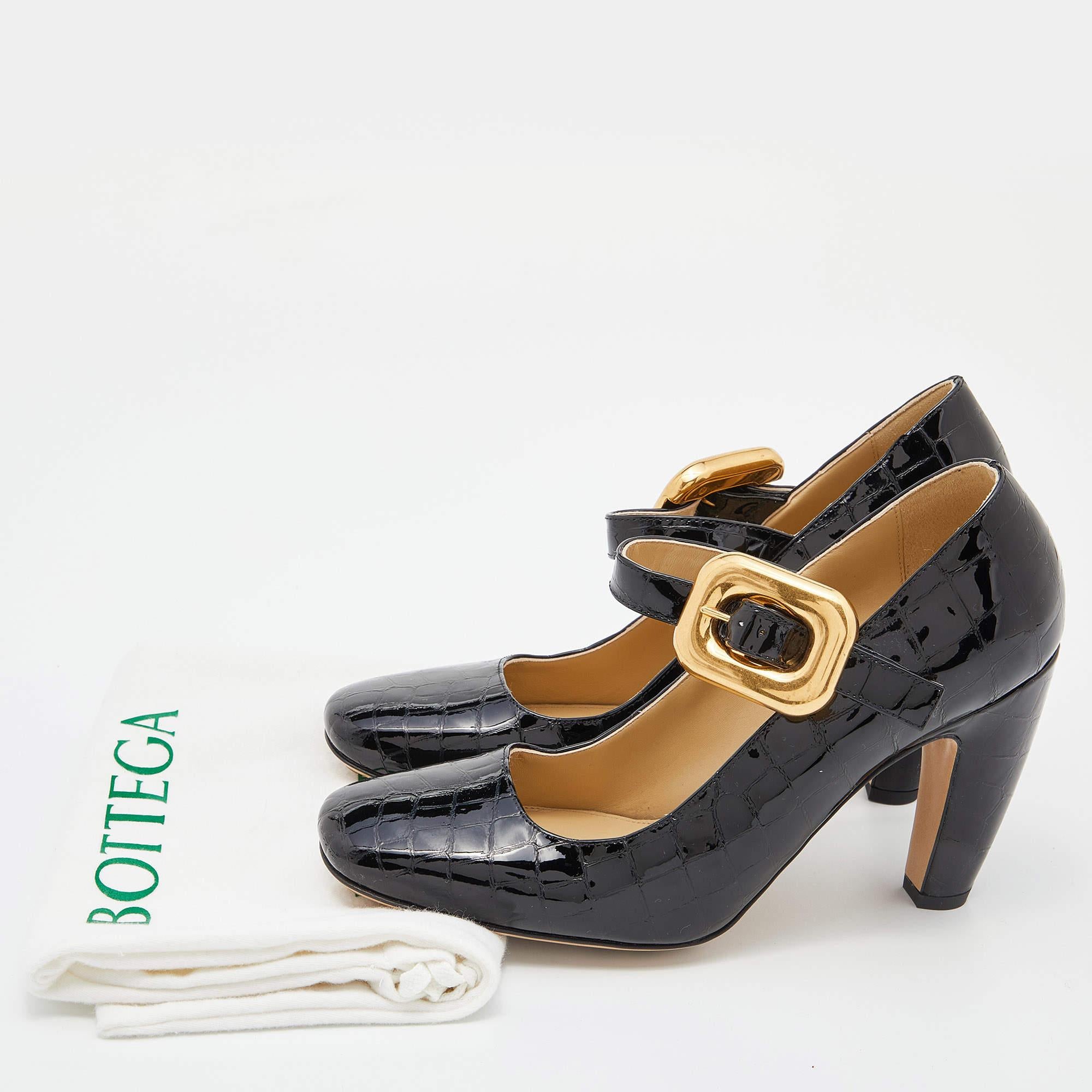 Bottega Veneta Black Croc Embossed Patent Leather Block Heel Pumps Size 39 3