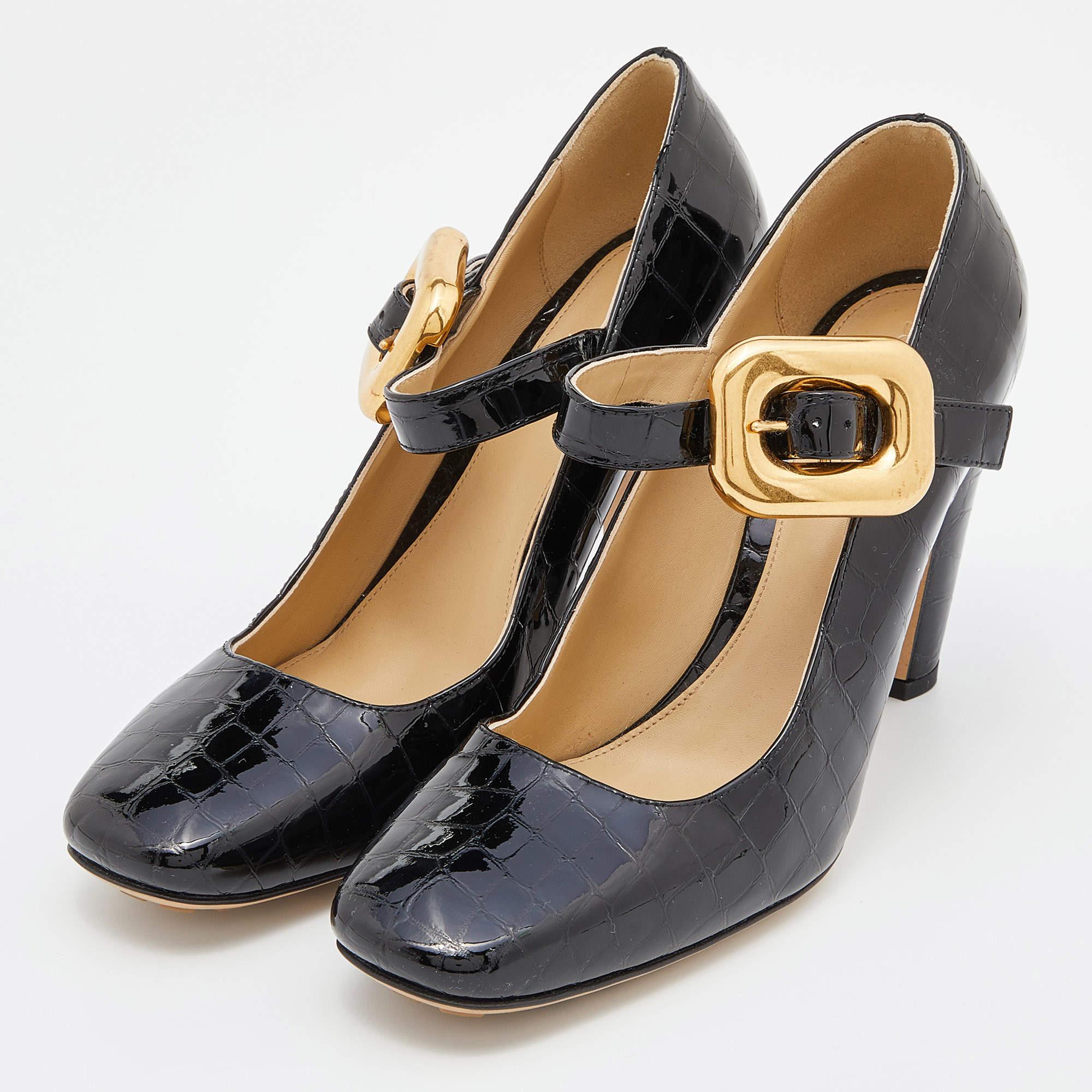 Bottega Veneta Black Croc Embossed Patent Leather Block Heel Pumps Size 39 4