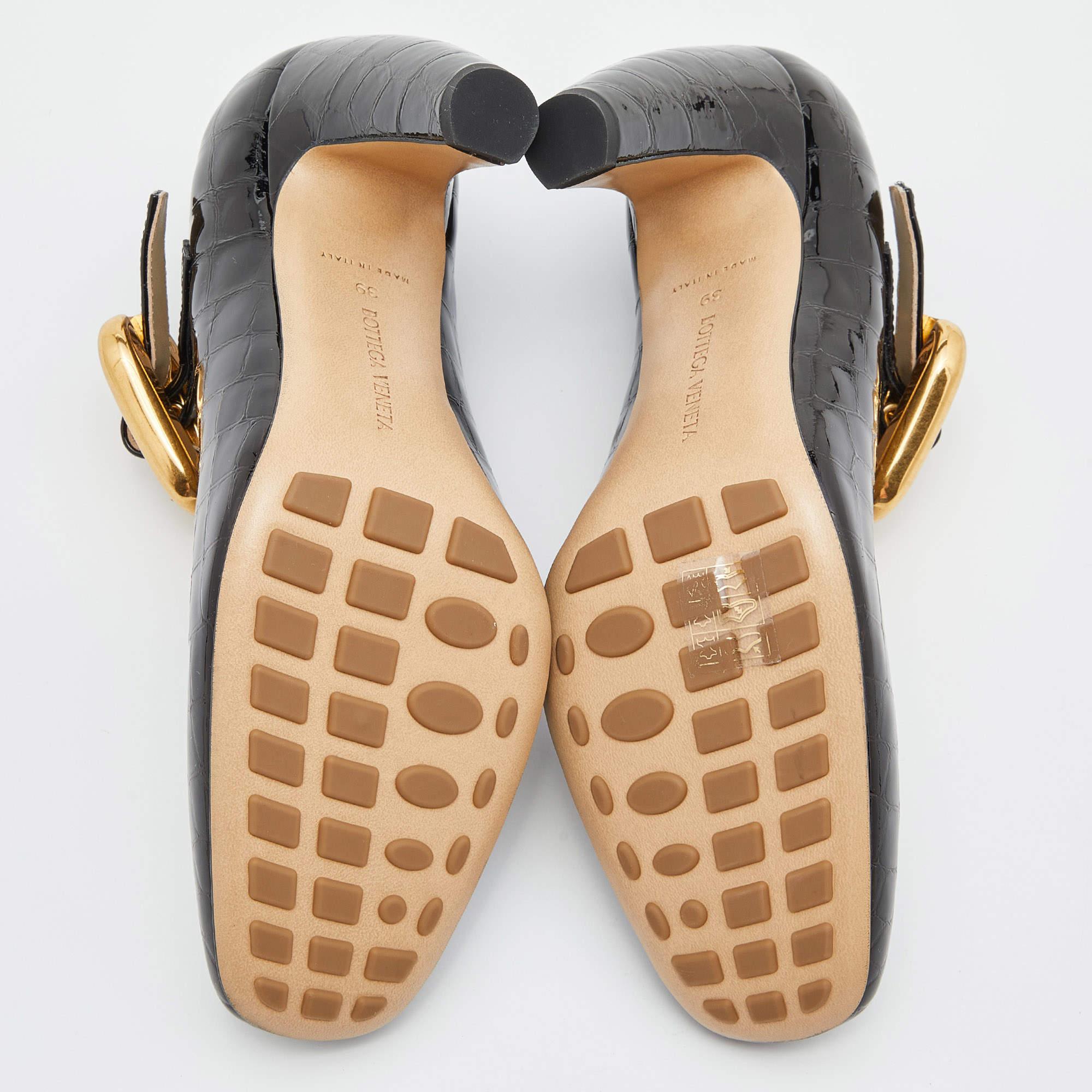 Bottega Veneta Black Croc Embossed Patent Leather Block Heel Pumps Size 39 5