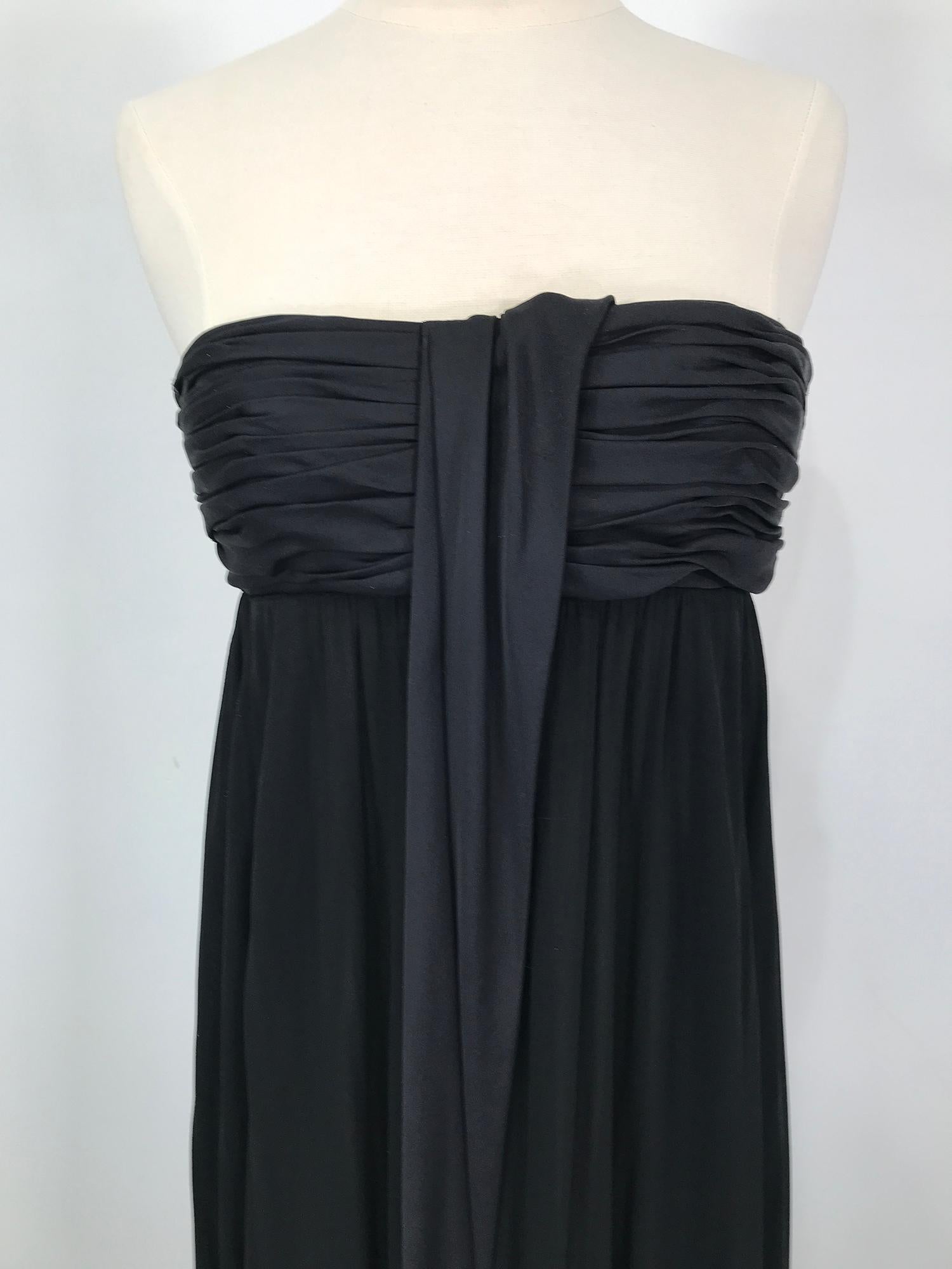 Bottega Veneta black strapless jersey draped very long gown, there is a long drape scarf that is attached to the bodice it can be worn over the shoulder or long as in the photo. Simple and elegant this amazing gown with a strapless empire bandeau