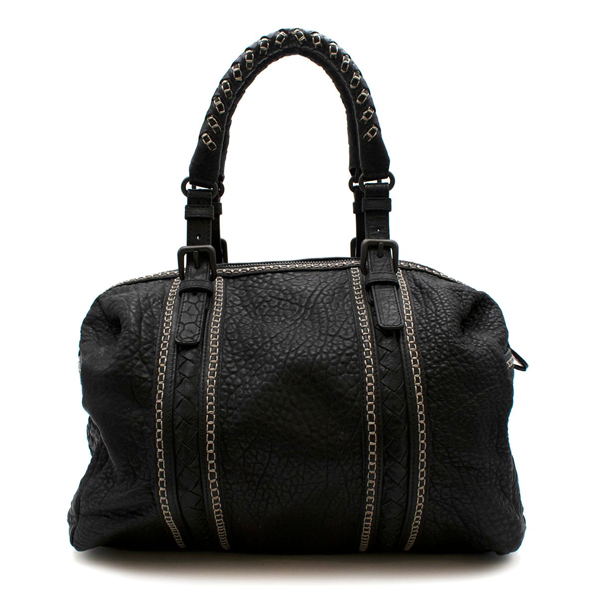 Bottega Veneta Black Handbag 

- Made in Italy
- Black grained very soft outside leather with white stitching details 
- Brown lining in suede 
- Tubular leather top adjustable handle with intrecciato details 

Handle: 19 x 19