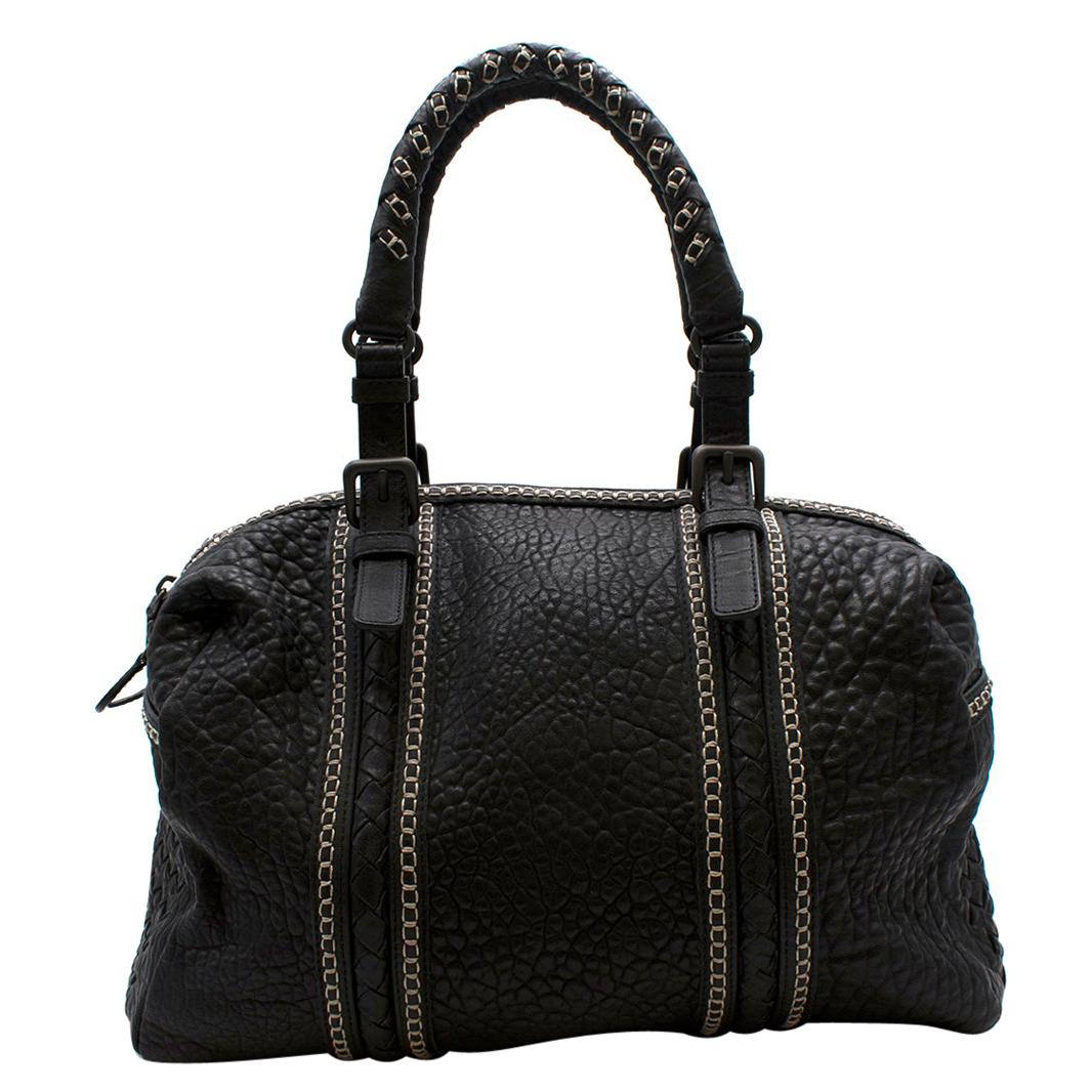 Bottega Veneta Black Grained Leather Intrecciato Detail Handbag For Sale