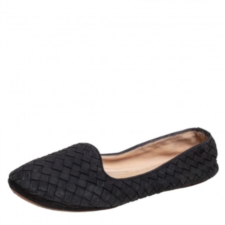 Bottega Veneta Black Interecciato Suede Smoking Slippers Size 37 In Fair Condition For Sale In Dubai, Al Qouz 2