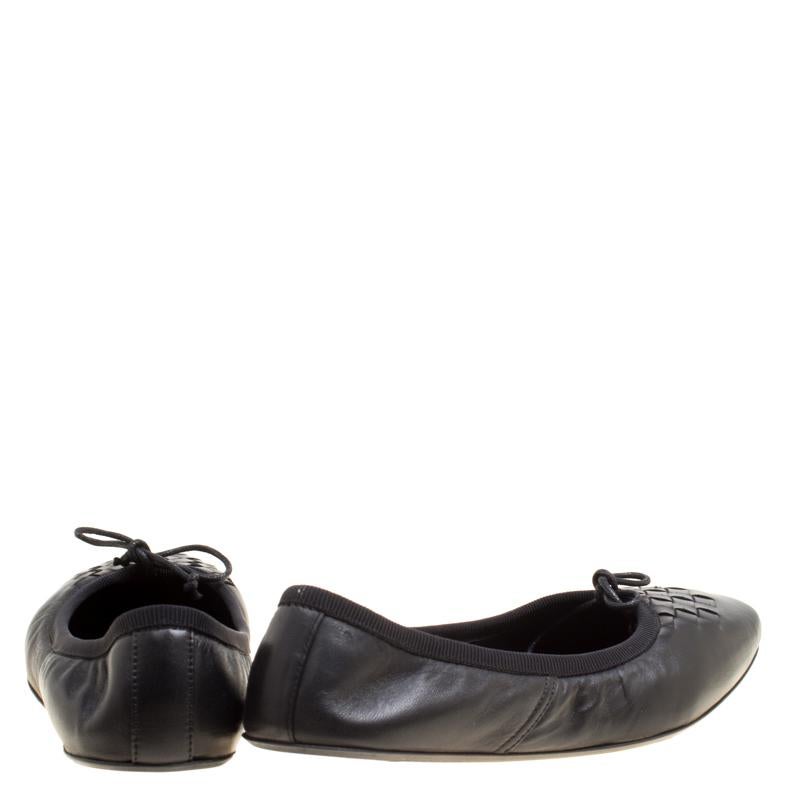Bottega Veneta Black Intrecciato Detail Leather Bow Ballet Flats Size 36 2