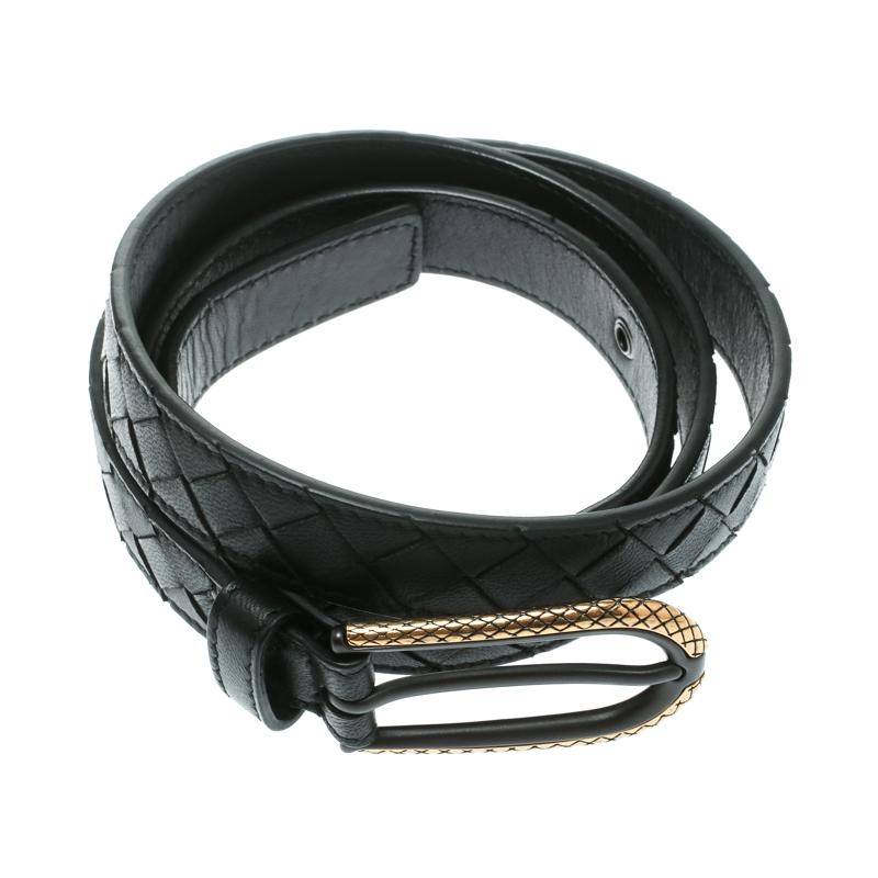 Bottega Veneta Black Intrecciato Leather Belt Size 95 CM In Good Condition In Dubai, Al Qouz 2