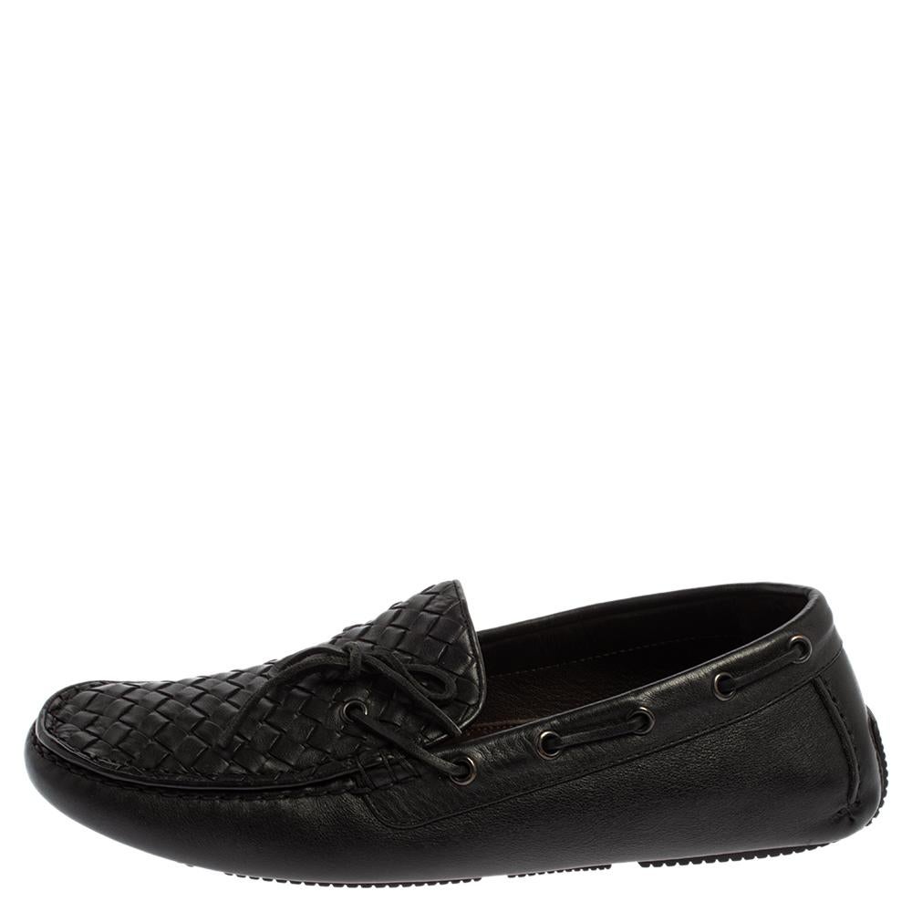 Men's Bottega Veneta Black Intrecciato Leather Bow Slip On Loafers Size 41