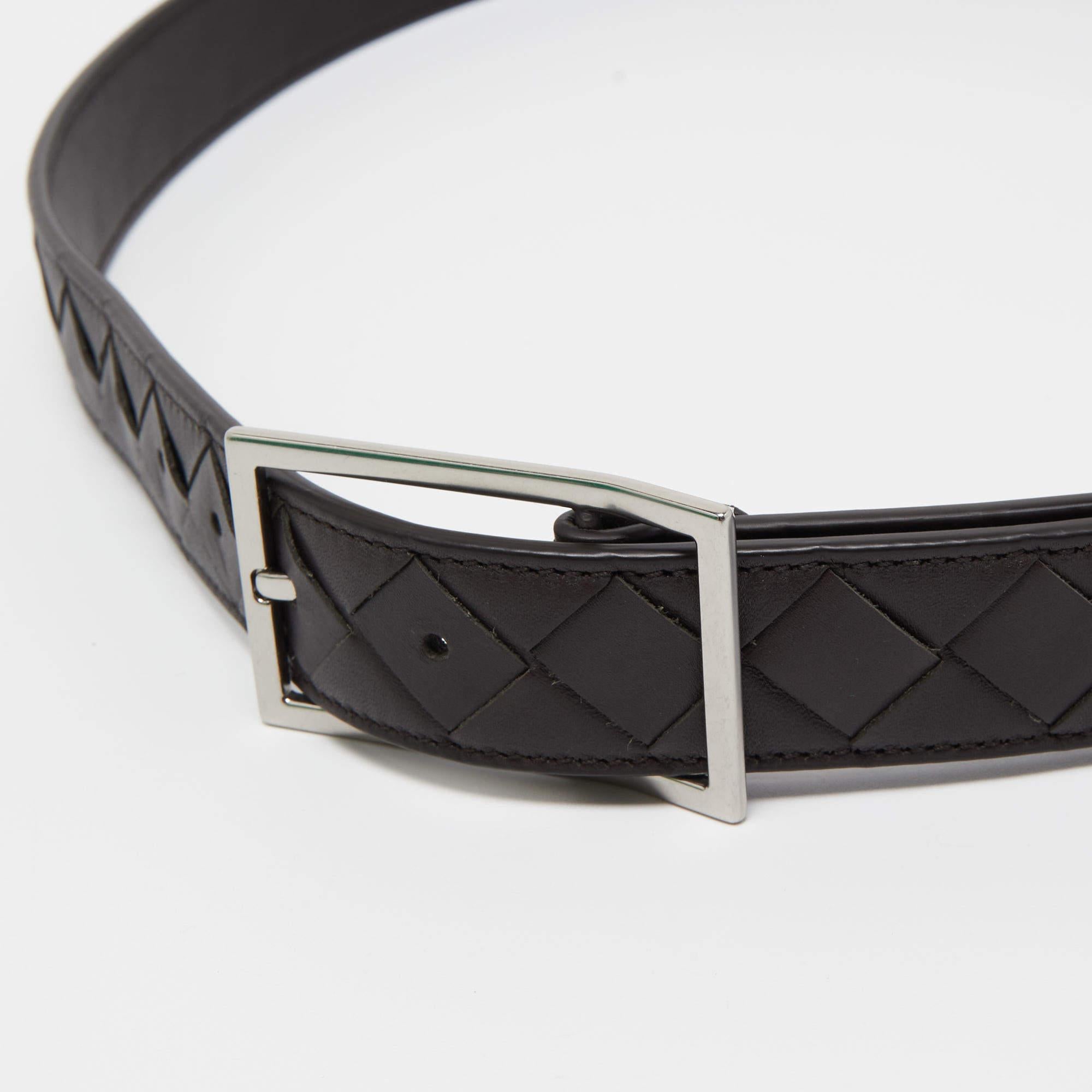 Bottega Veneta Black Intrecciato Leather Buckle Belt 95CM In Good Condition In Dubai, Al Qouz 2