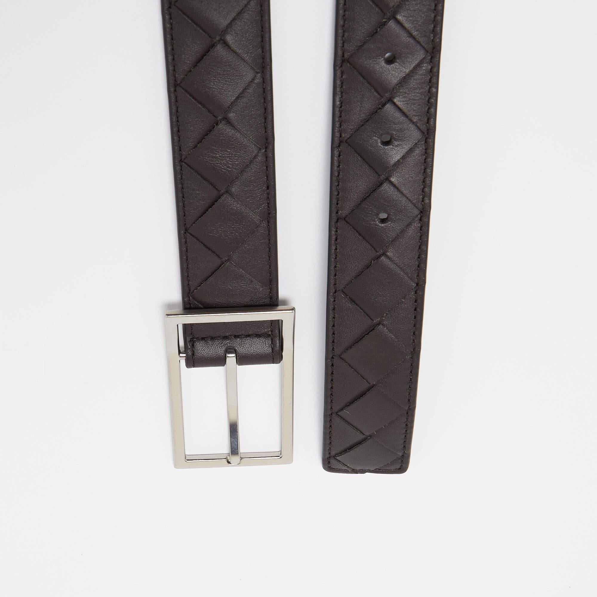Women's Bottega Veneta Black Intrecciato Leather Buckle Belt 95CM