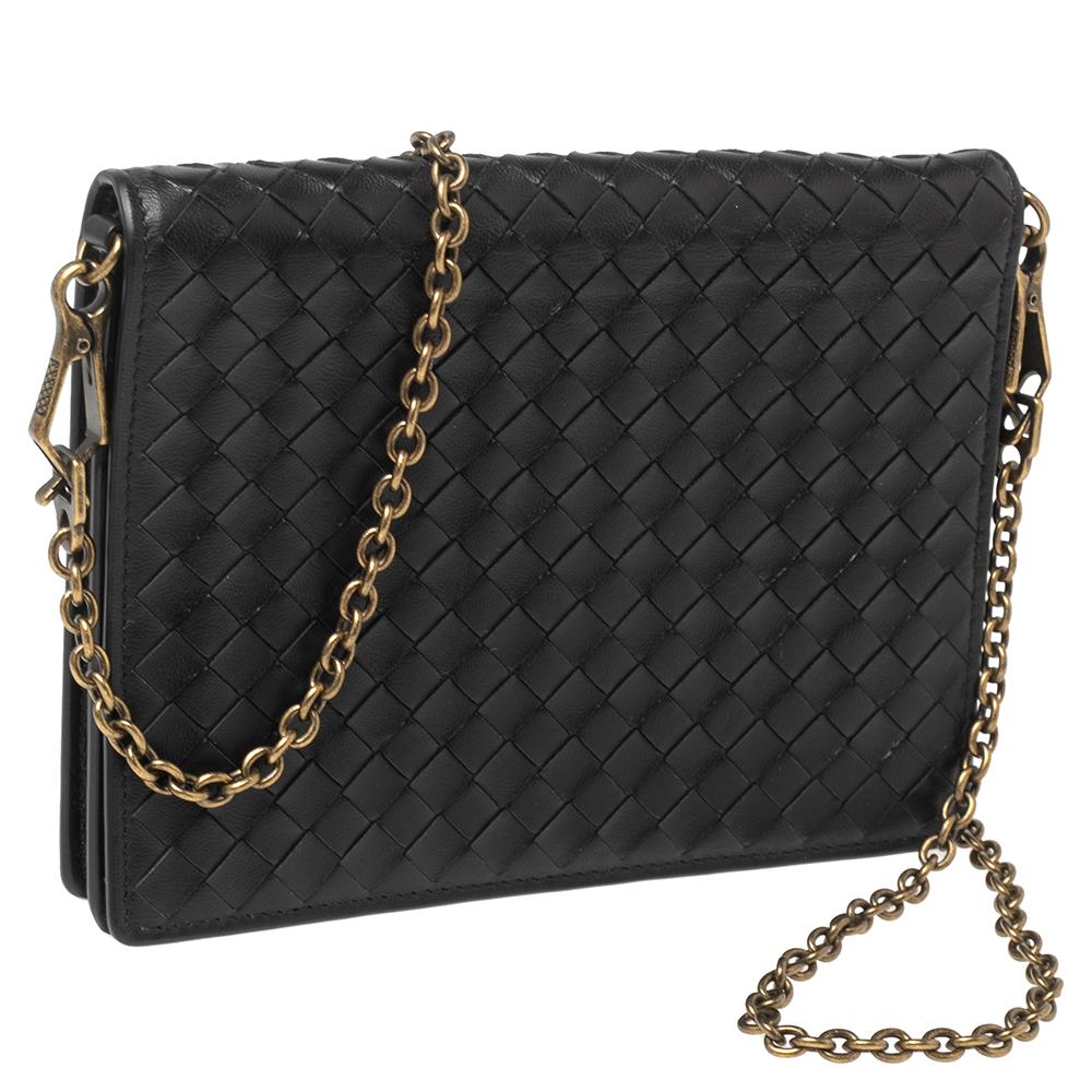 Women's Bottega Veneta Black Intrecciato Leather Chain Crossbody Bag