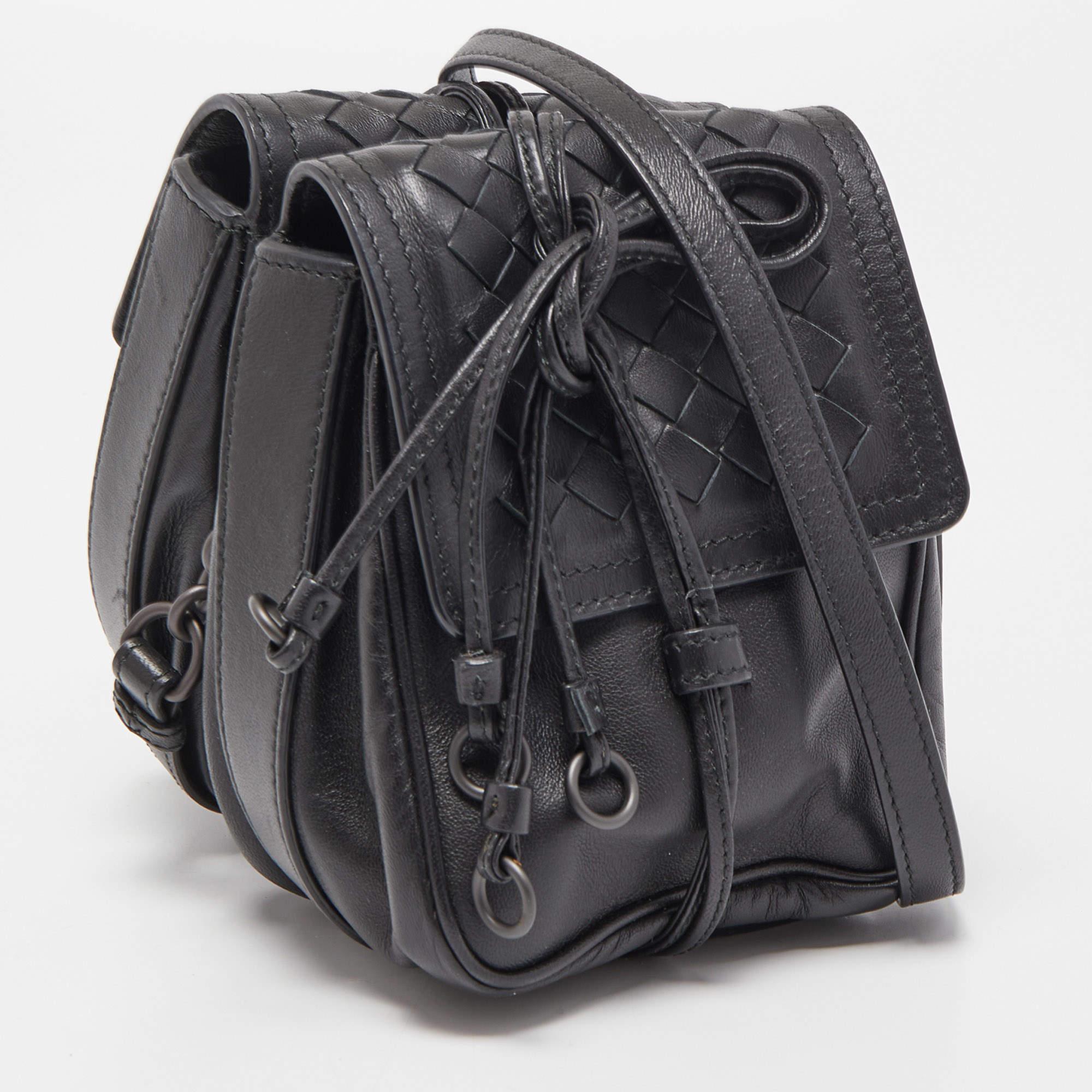 Women's Bottega Veneta Black Intrecciato Leather Double Micro Crossbody Bag