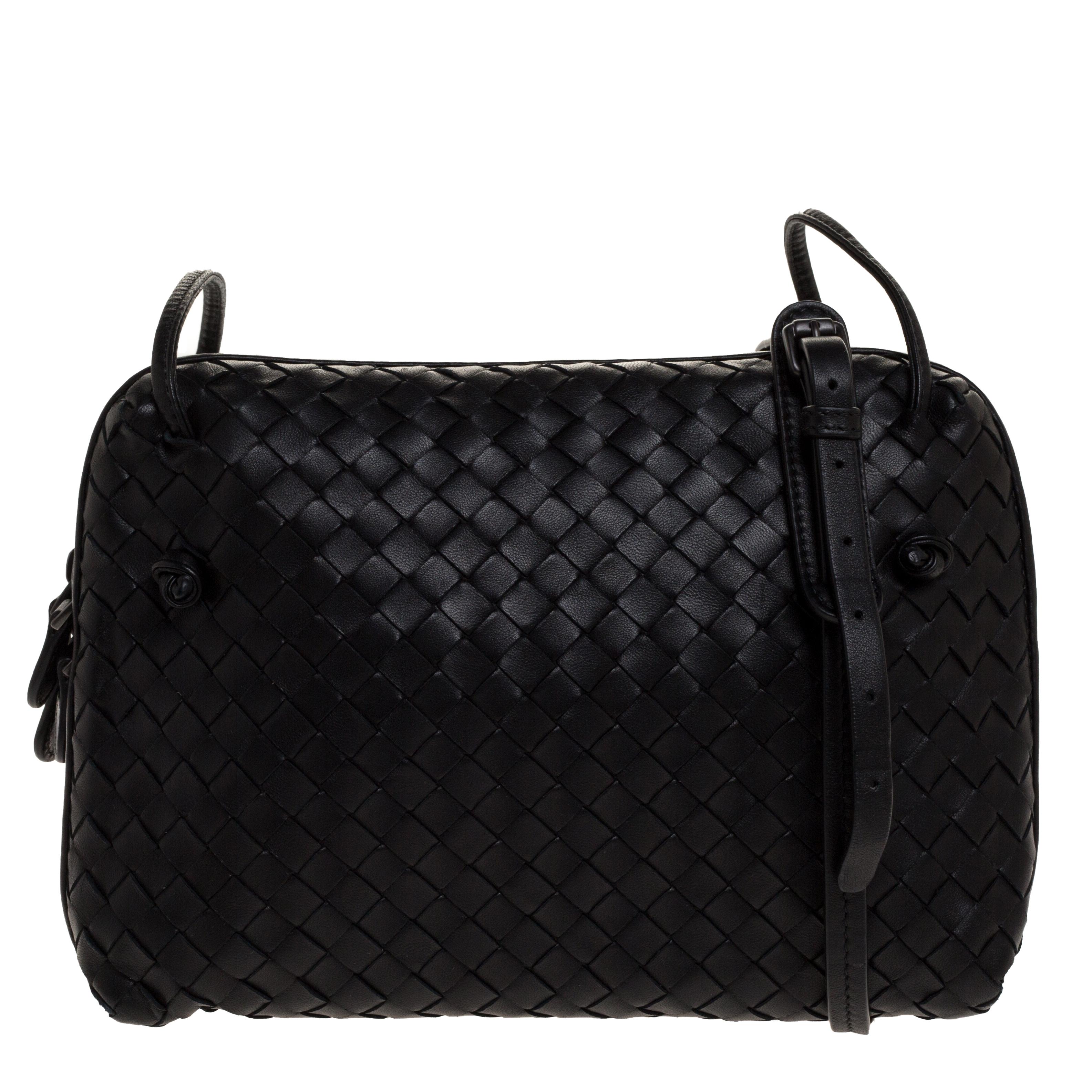 Bottega Veneta Black Intrecciato Leather Double Zip Nodini Crossbody Bag 1