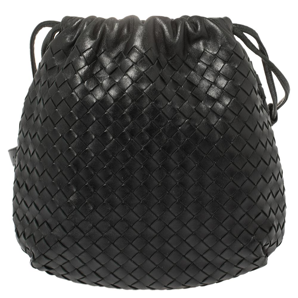 Women's Bottega Veneta Black Intrecciato Leather Drawstring Shoulder Bag