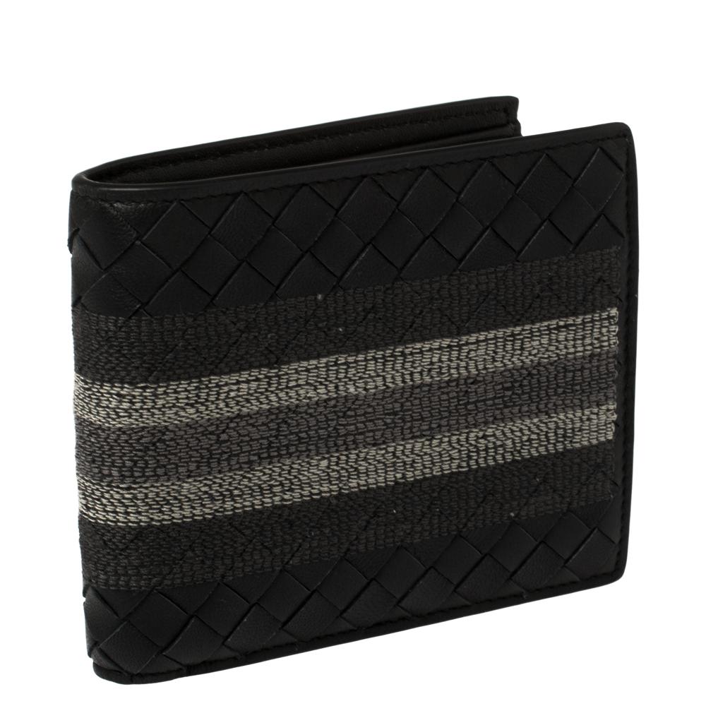 Bottega Veneta Black Intrecciato Leather Embroidered Stripe Bifold Wallet In Good Condition In Dubai, Al Qouz 2
