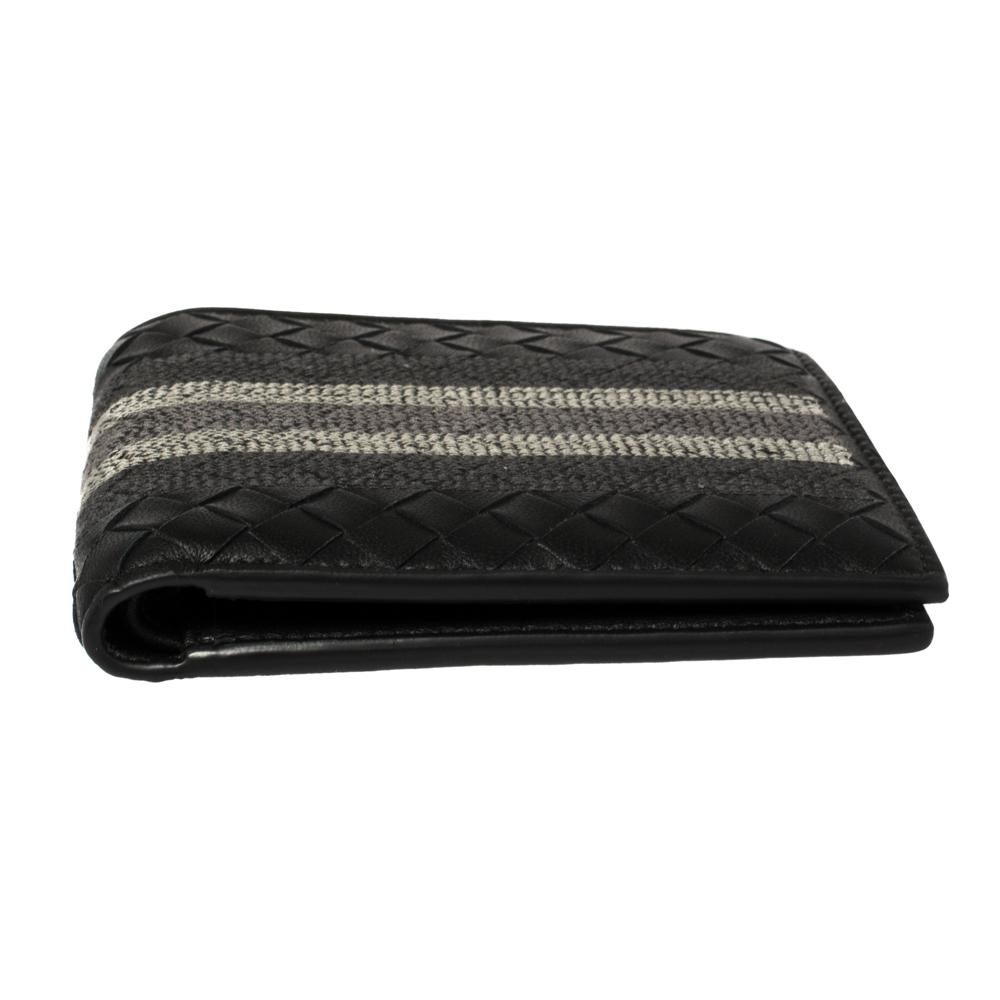 Women's Bottega Veneta Black Intrecciato Leather Embroidered Stripe Bifold Wallet