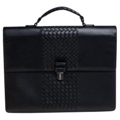 Bottega Veneta Black Intrecciato Leather Flap Briefcase