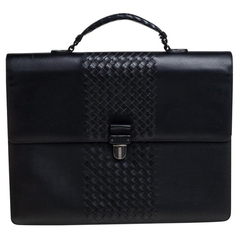 Bottega Veneta Black Intrecciato Leather Flap Briefcase at 1stDibs