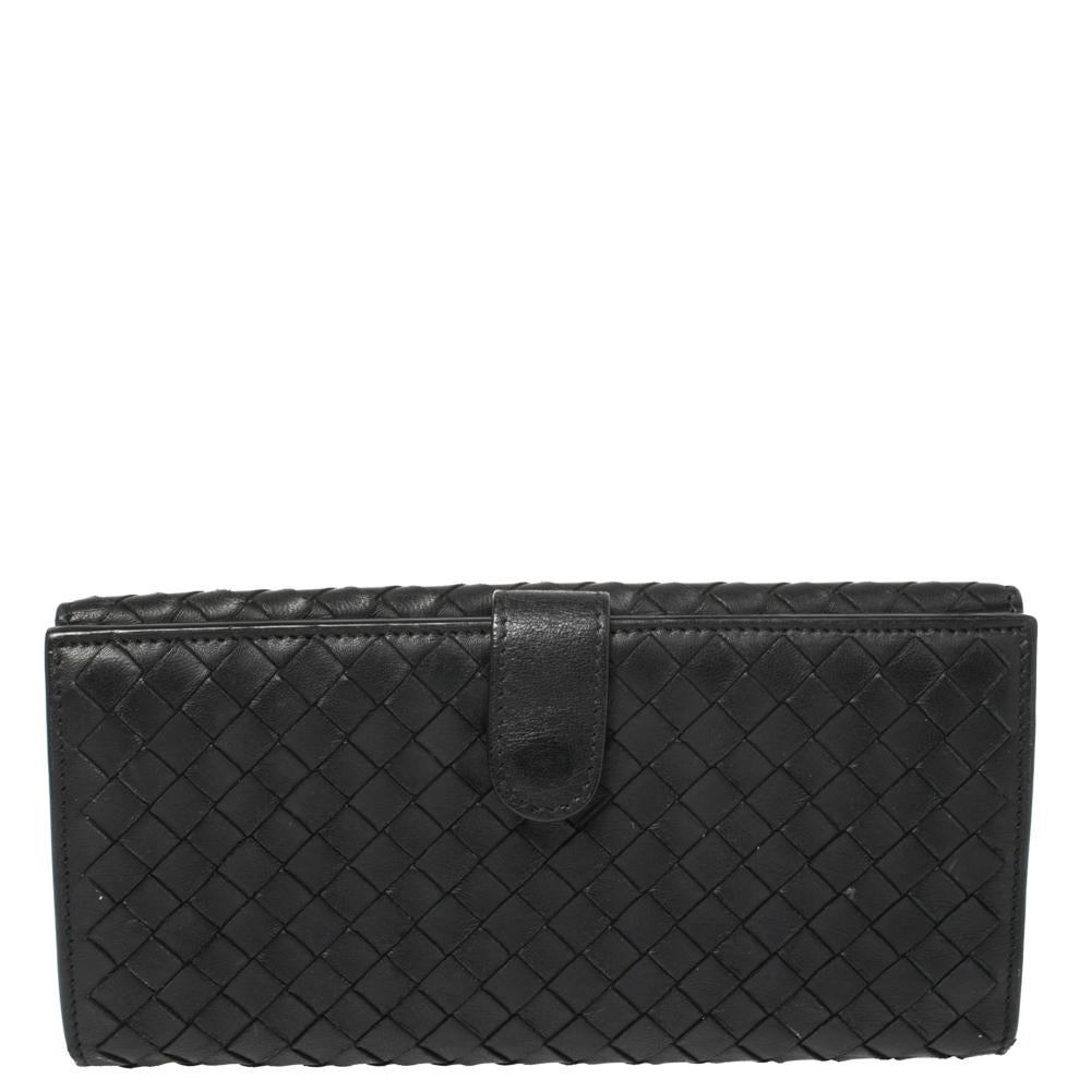 Women's Bottega Veneta Black Intrecciato Leather Flap Continental Wallet