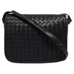 Bottega Veneta Black Intrecciato Leather Flap Crossbody Bag