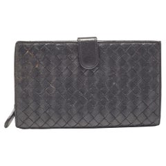 Used Bottega Veneta Black Intrecciato Leather French Flap Wallet