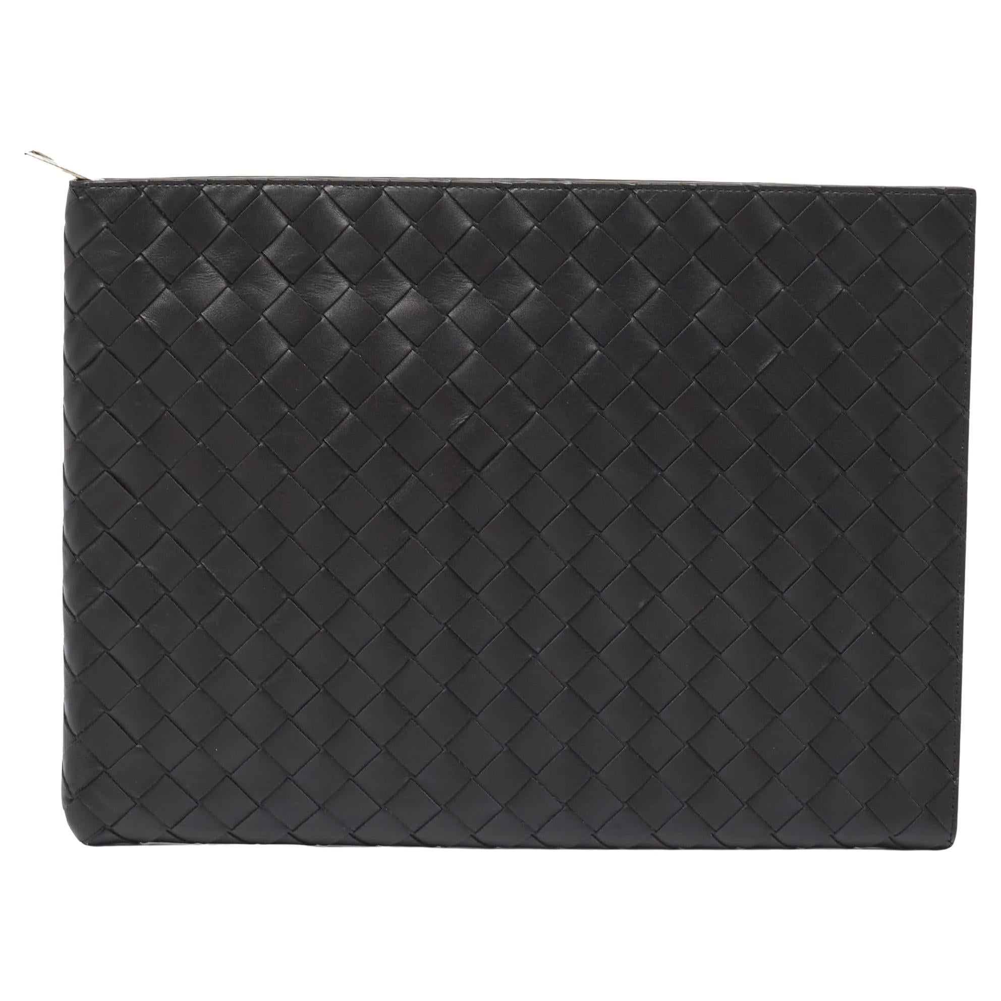 Bottega Veneta Black Intrecciato Leather Half Zip Pouch For Sale