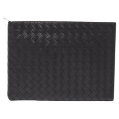 Bottega Veneta Black Intrecciato Leather Half Zip Pouch