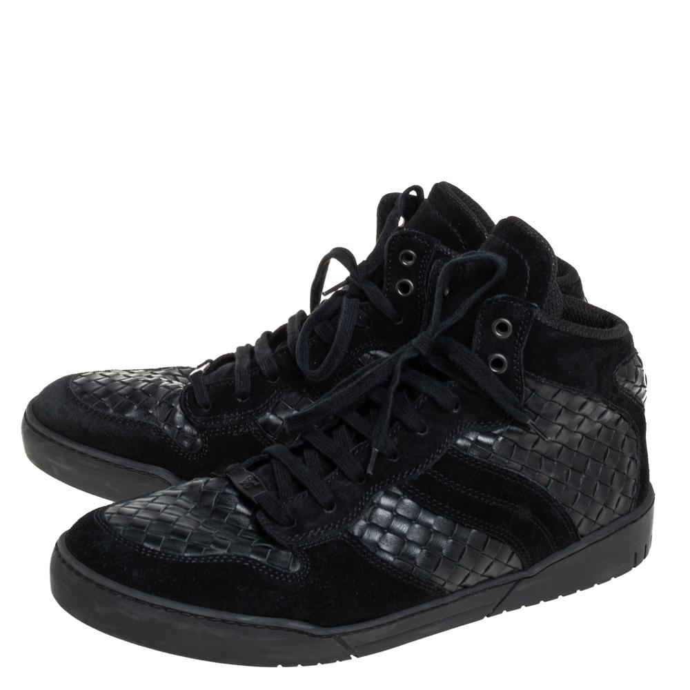 Men's Bottega Veneta Black Intrecciato Leather High Top Lace Up Sneaker Size 43.5