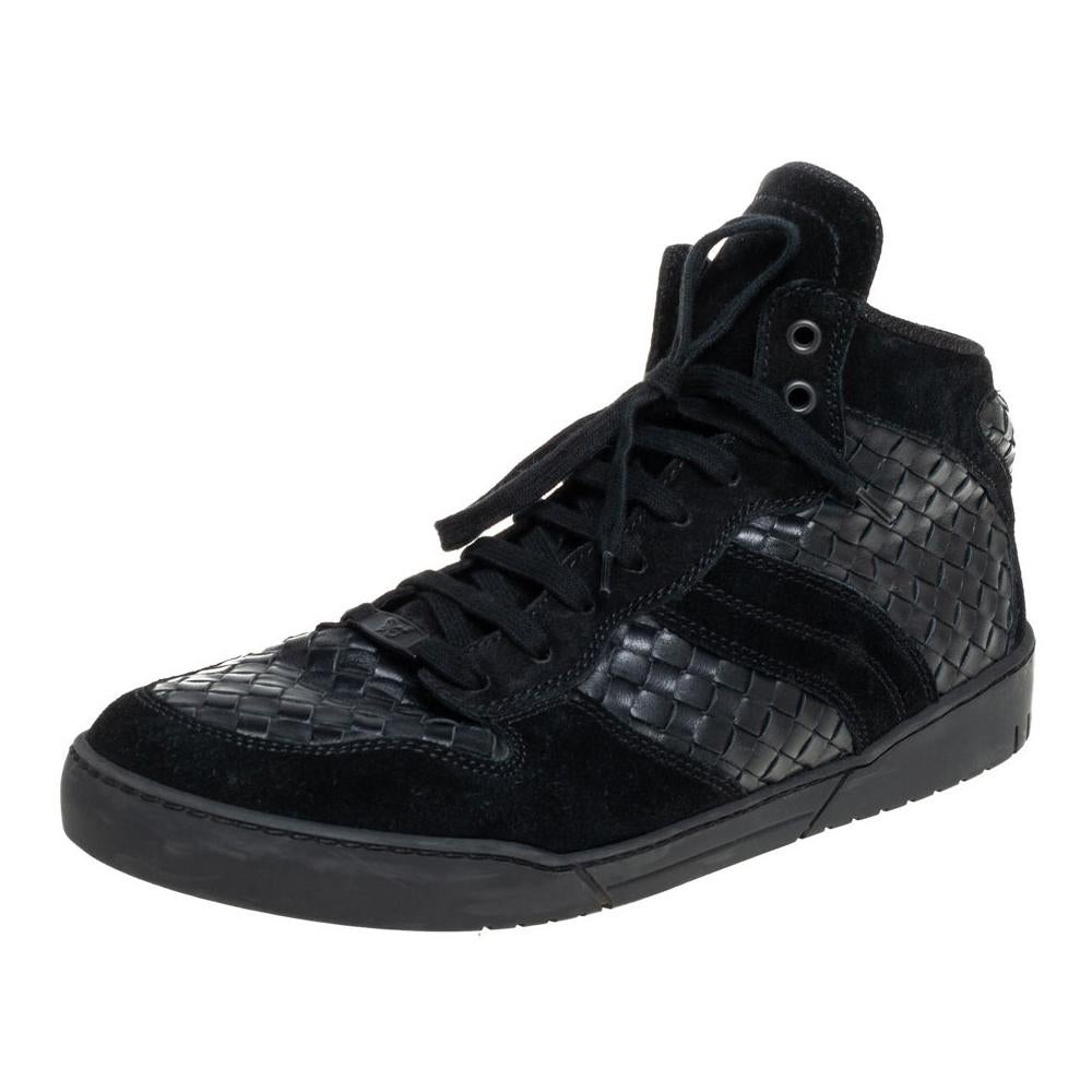 Bottega Veneta Black Intrecciato Leather High Top Lace Up Sneaker Size 43.5
