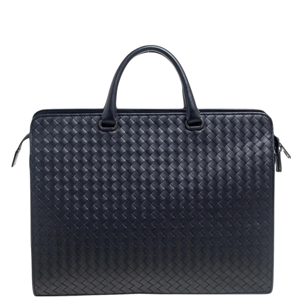 Bottega Veneta Black Intrecciato Leather Laptop Briefcase In Good Condition In Dubai, Al Qouz 2