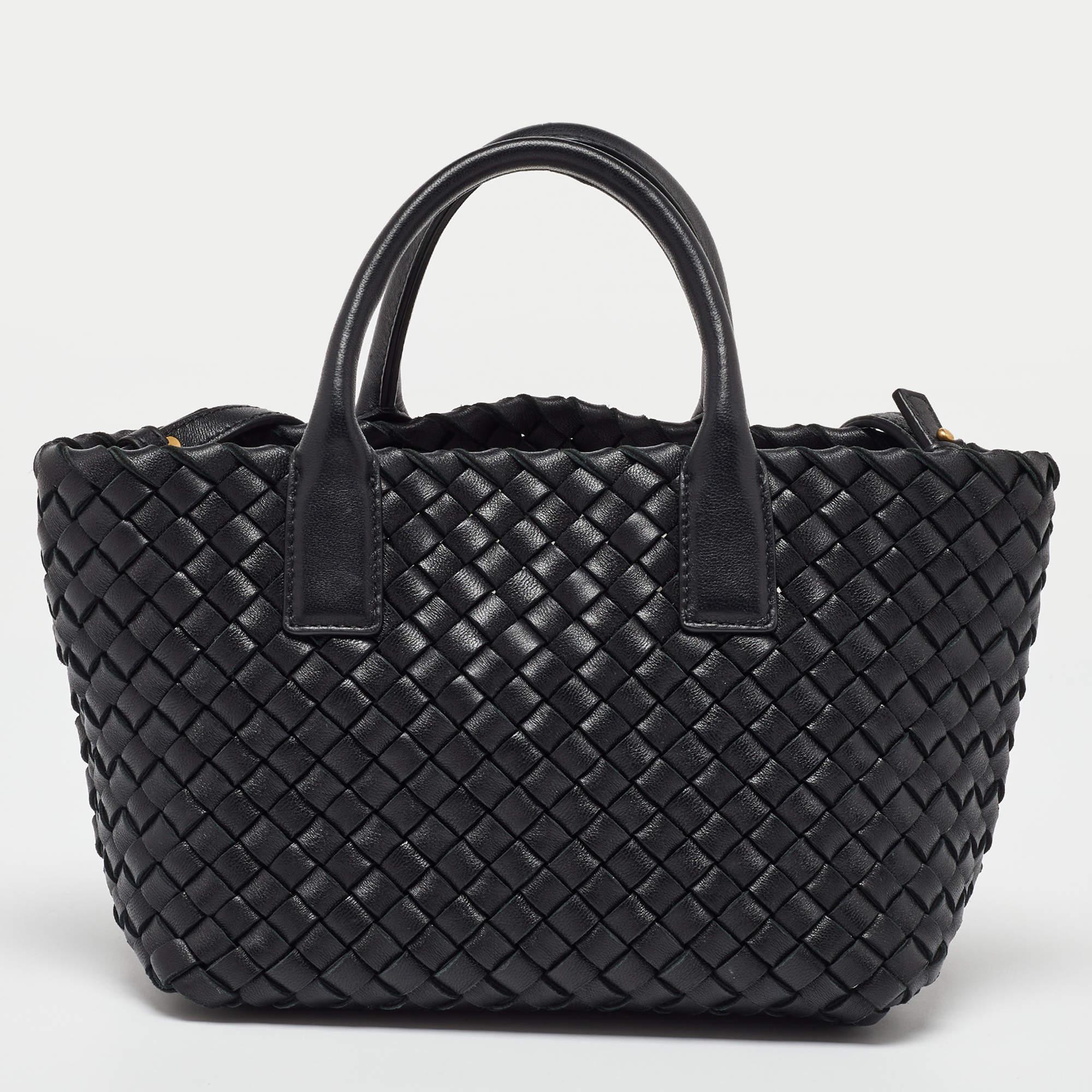 Women's Bottega Veneta Black Intrecciato Leather Mini Cabat Tote