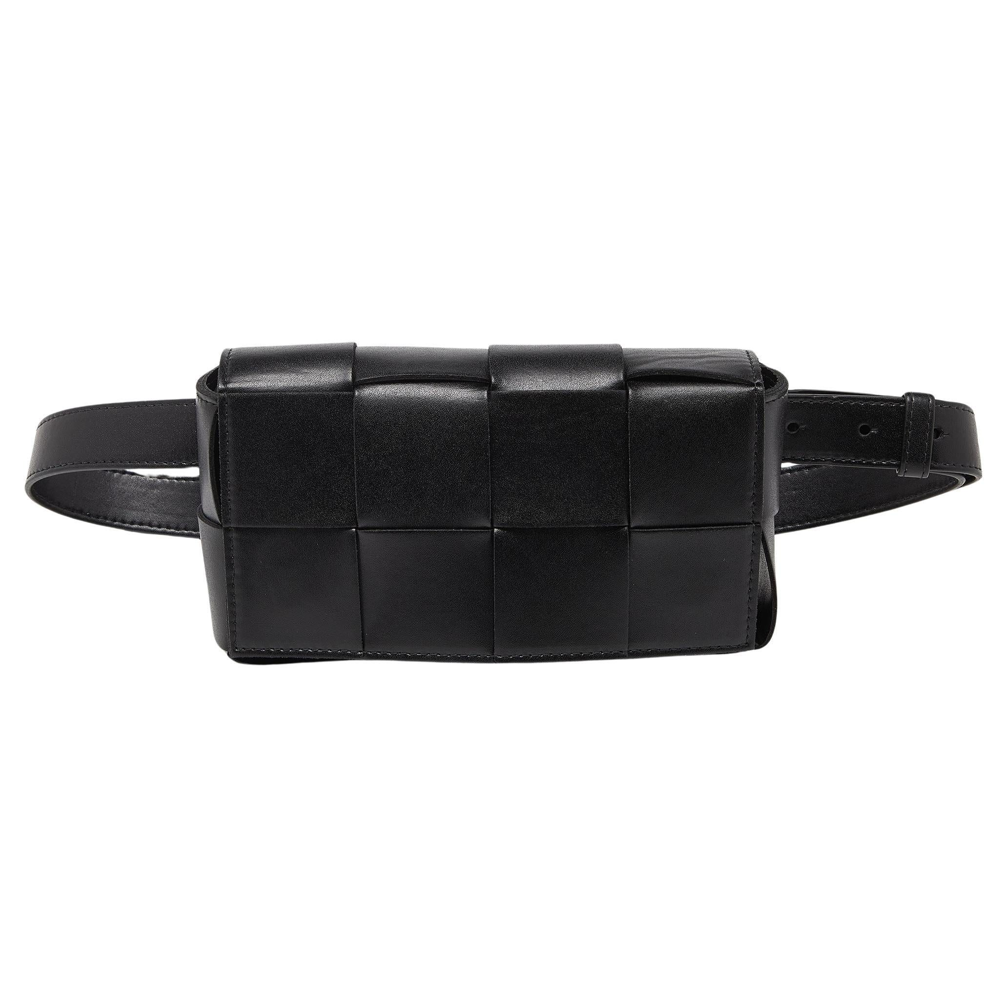 Bottega Veneta Black Intrecciato Leather Mini Cassette Belt Bag For Sale