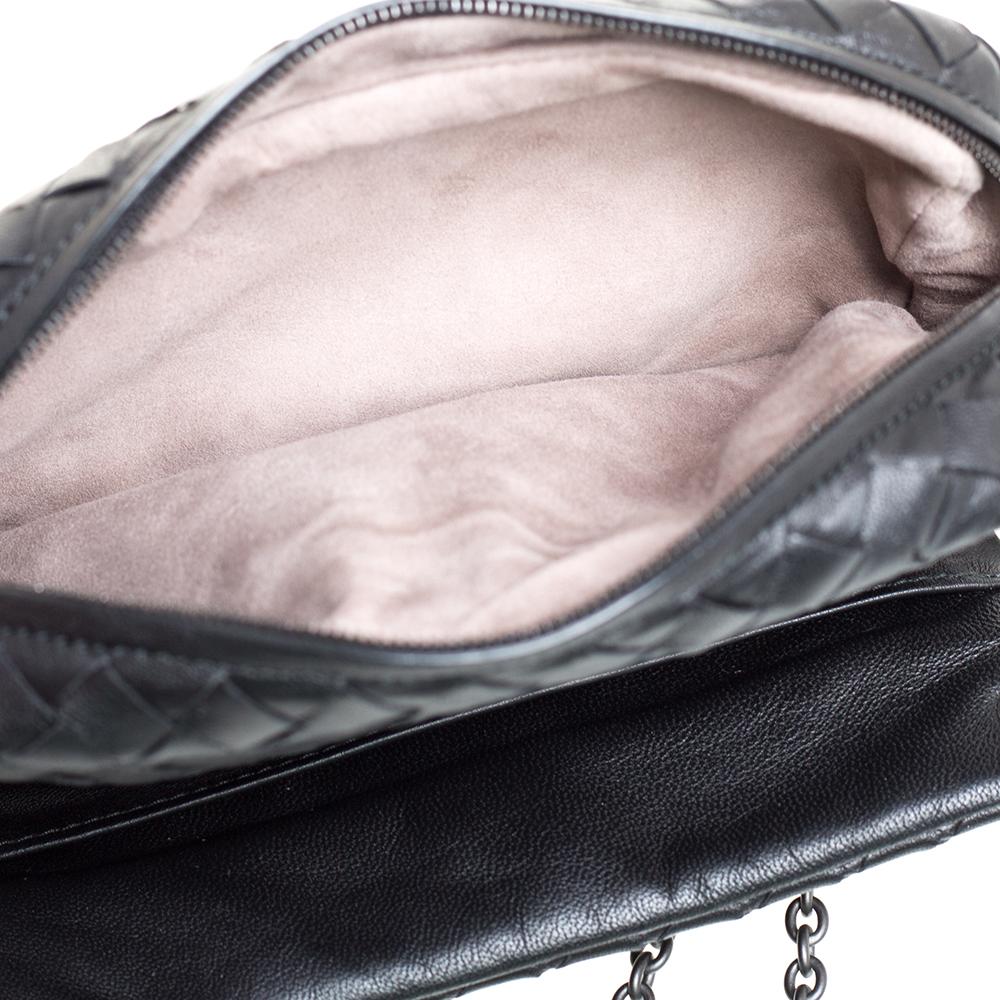 Bottega Veneta Schwarz Intrecciato Leder Mini Flap Kette Crossbody Tasche 3